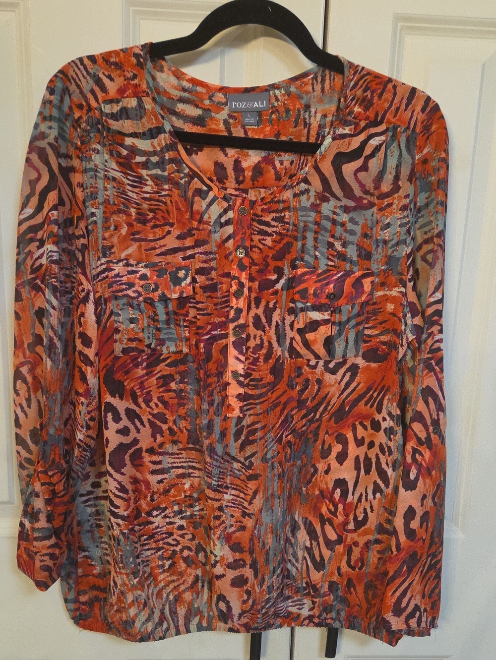 Roz & Ali Orange Multi Animal-Print Henley Tunic